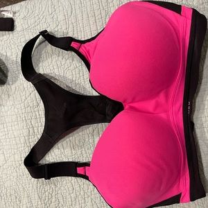 Victoria’s Secret sports bra, hot pink/black.